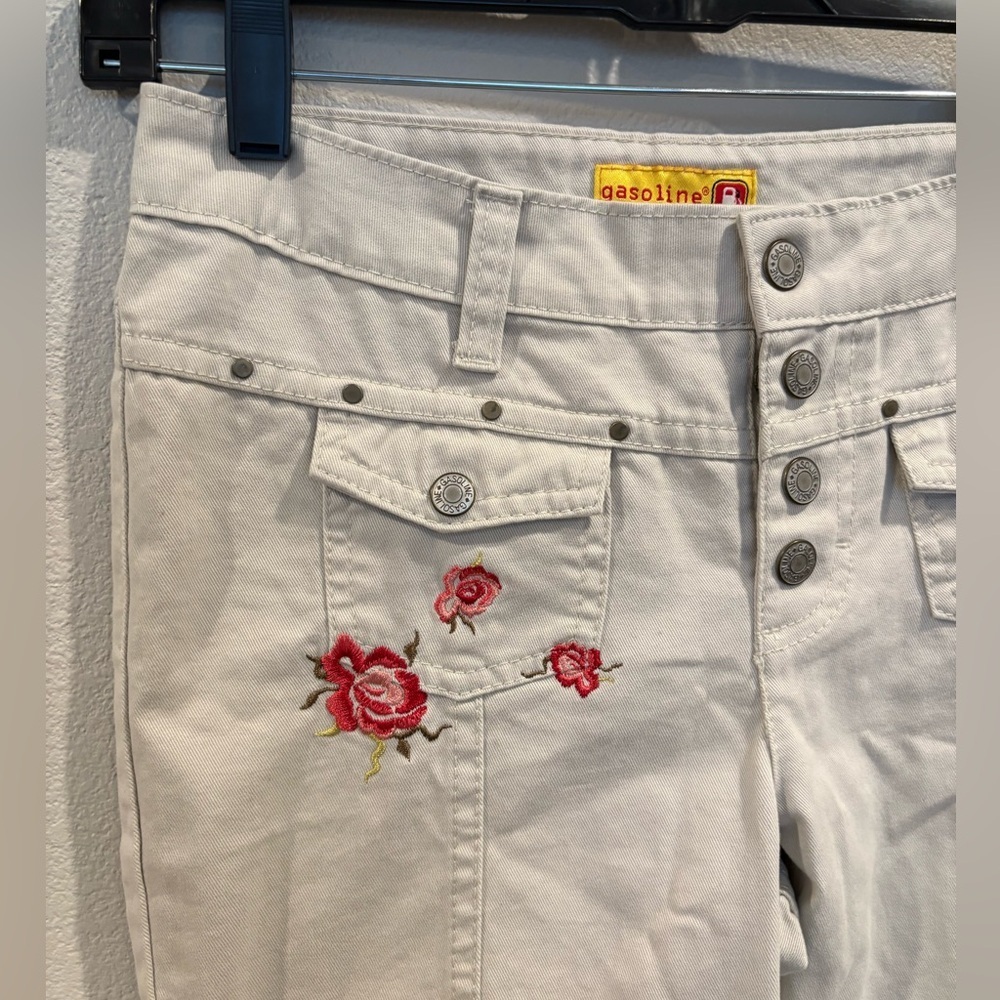 Vintage Y2K Gasoline Hippie Embroidered Flare Khaki Pants Women’s Size 12 EUC - Picture 3 of 16